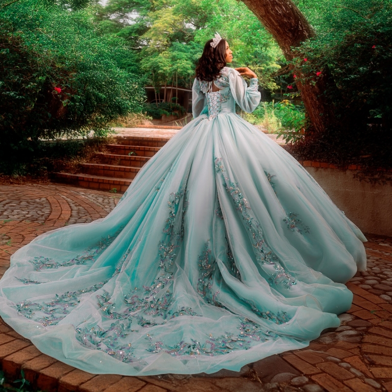 Water Blue Shiny Quinceanera Dresses Ball Gown Off The Shoulder Sequin Applique Lace Beading Crystal Tull Corset Party Birthday Sweet 16 Dress Vestido