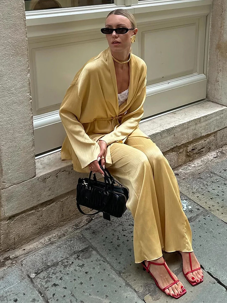 Casual Pleated Lace Up Shirt Pants Sets Women Loose V-neck Long Sleeve Tops Wide Leg Pant Female Suit 2025 Summer Solid Lady Set 250715