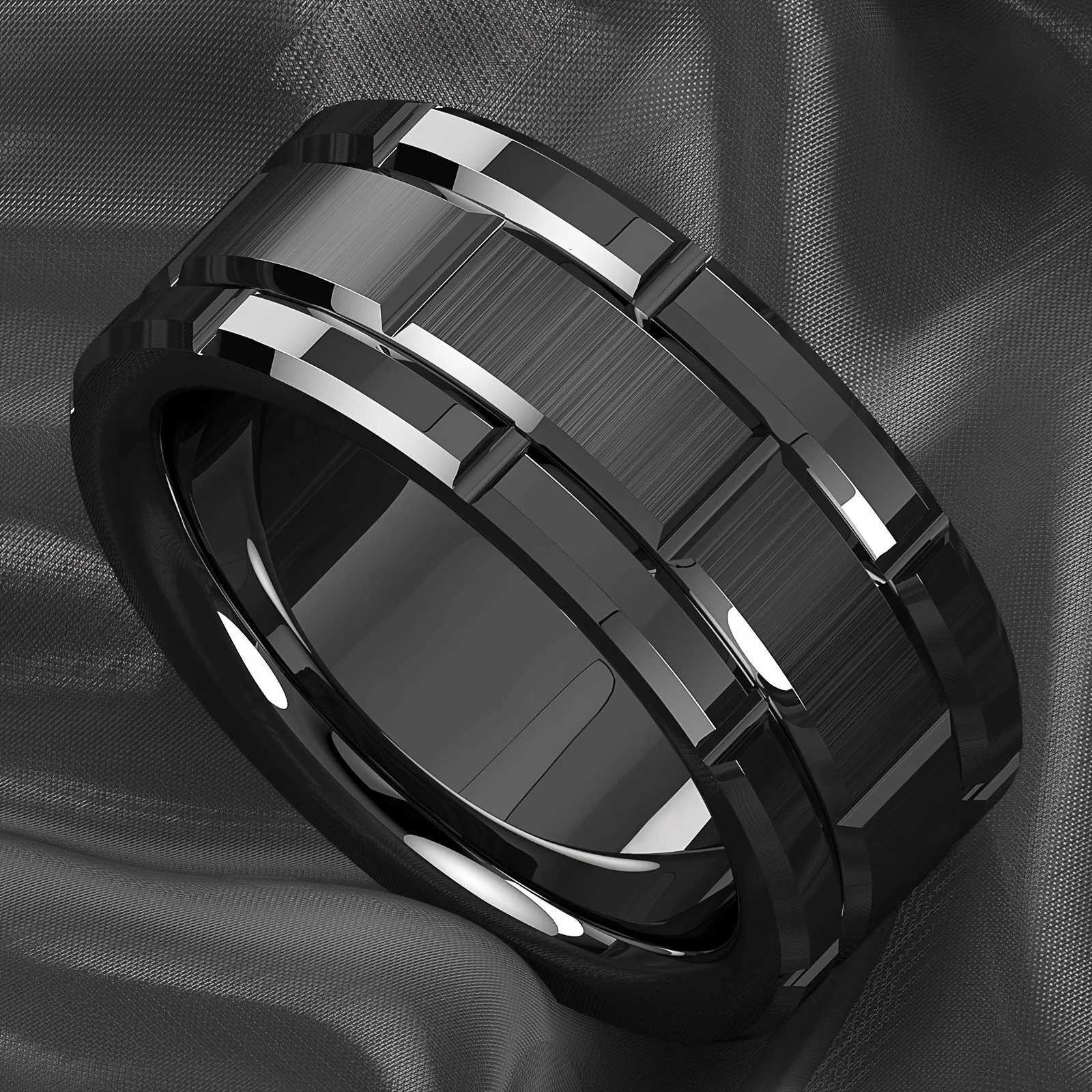 Fashion 8mm Brick Pattern Stainless Steel Rings For Men Black Brushed Double Groove Men Engagement Rings Wedding Band Jewelry S250716