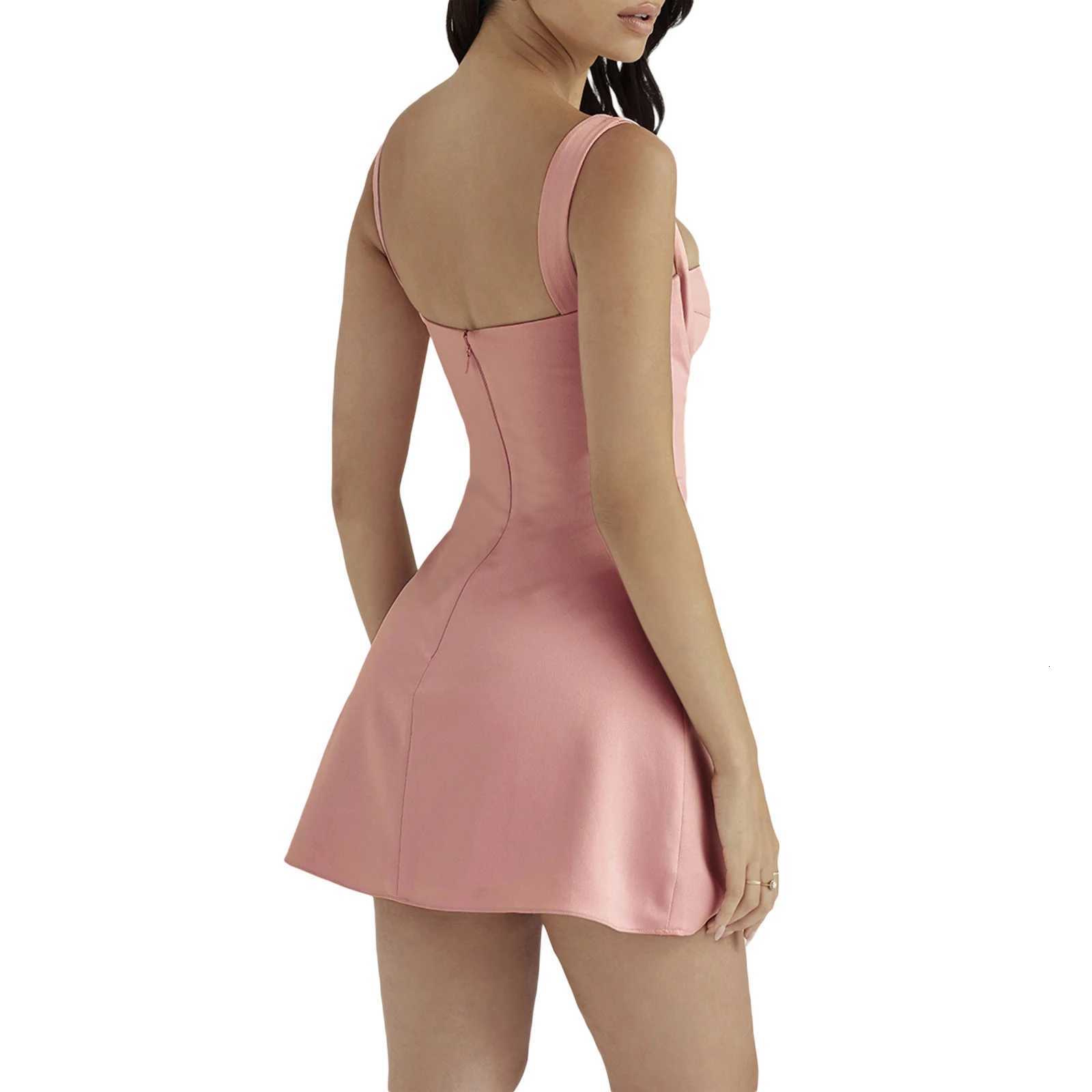 Combhasaki Womens Summer Sexy Solid Color Low-Cut Sleeveless Square Neck High Waist A-Line Short Mini Party Tank Dress R250716