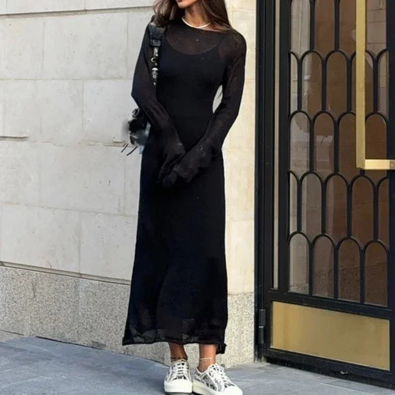 Spring Autumn O-Neck Elastic Knit Long Dresses Women Elegant Chic Soft Lady Hollowing Sweater Dresses Femme 250715