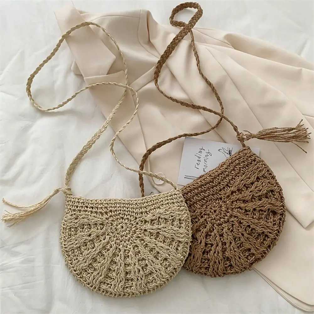 Trendy Half-round Weave Bag Handmade Hollow Woven Shoulder Bag Tassel Boho Womens Crossbody Bag Travel
