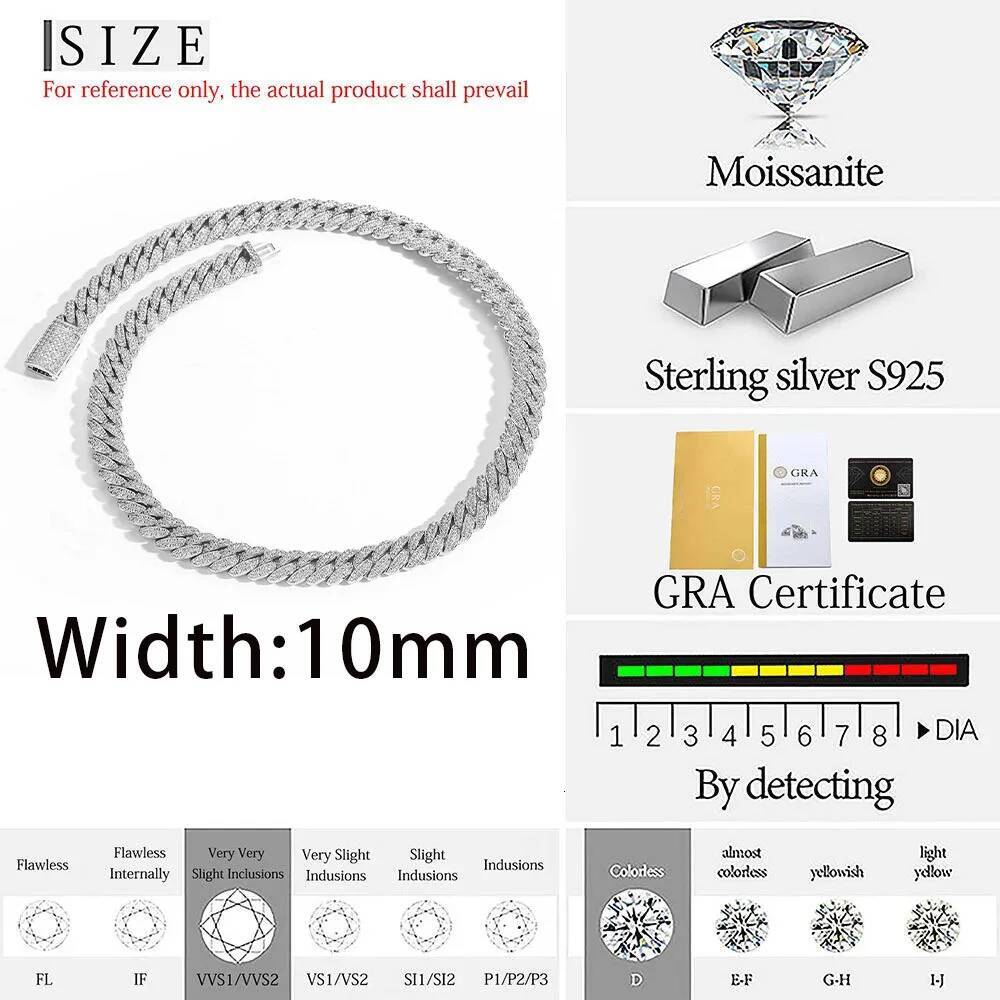 Hot Selling 10MM VVS1 Diamond Cuban Link Chain 925 Sterling Silver Moissanite Miami Cuban Link Chain HipHop Necklace Men Women