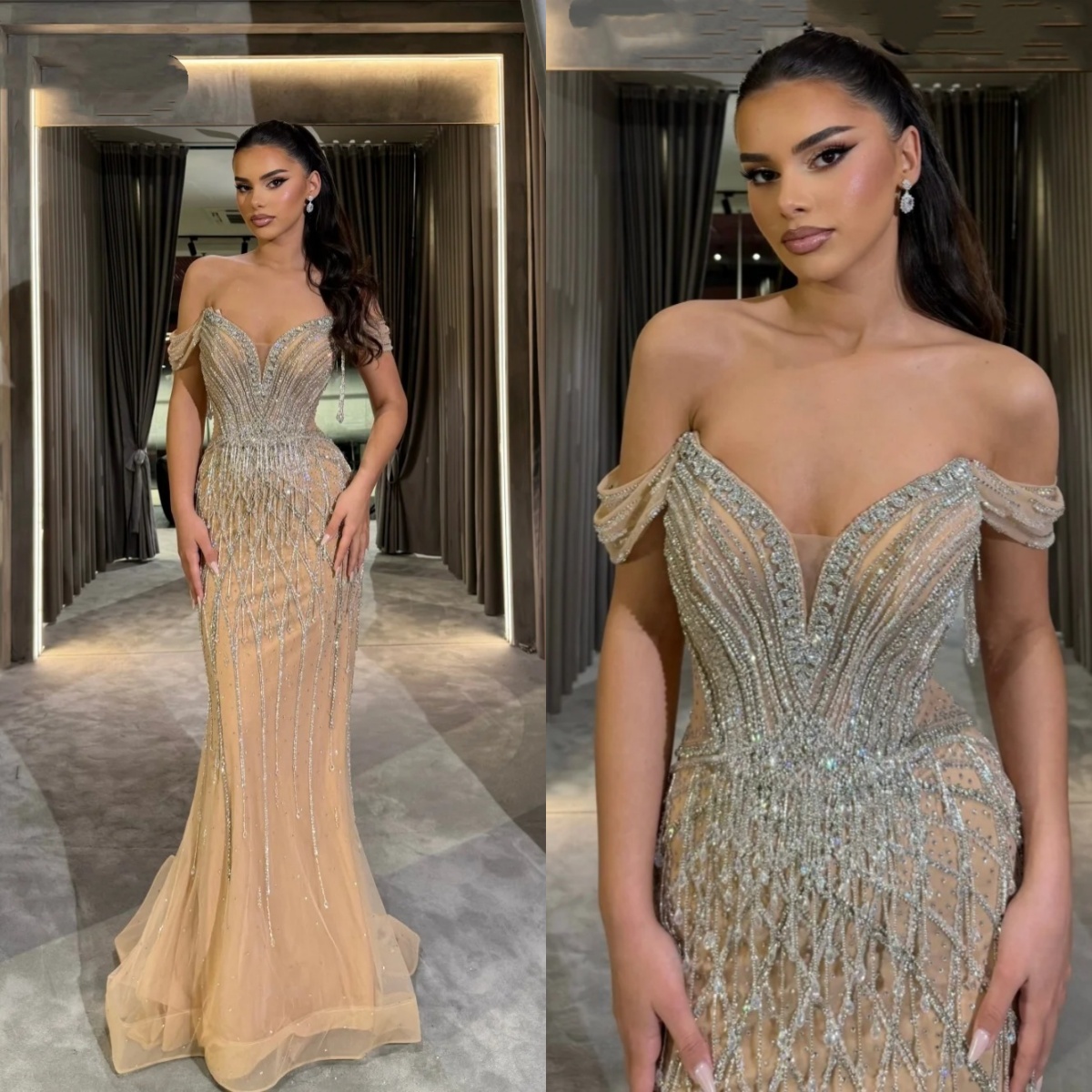 Exquisite Beading Mermaid Evening Dress Off Shoulder Sleeveless Beaded Prom Gowns Sexy Floor Length Formal Dresses Customized