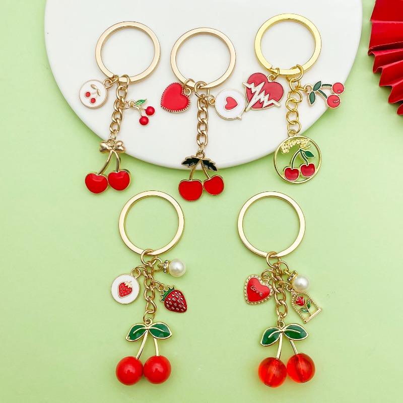 Versatile Key Ring with Sparkling Cherry Design - Stylish Pearled Ornamentation