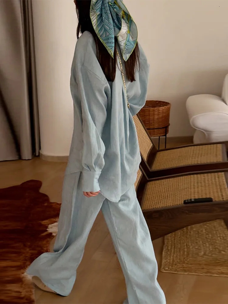 Casual Womens Trouser Suits Long Sleeve Turn-Down Collar Button Solid Lady Sets 2025 Summer Fashion 2 Pieces Set Women 250715