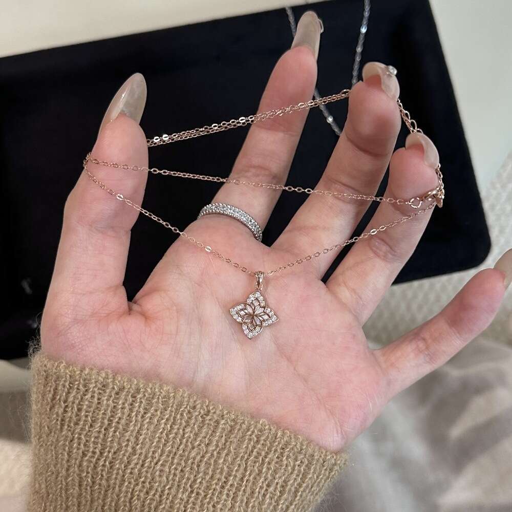 S Pure Sier Mother-of-Pearl Double-Sided Four-Leaf Flower Necklace Niche Design New Chinese Style Elegant Versatile Collarbone Chain for Women