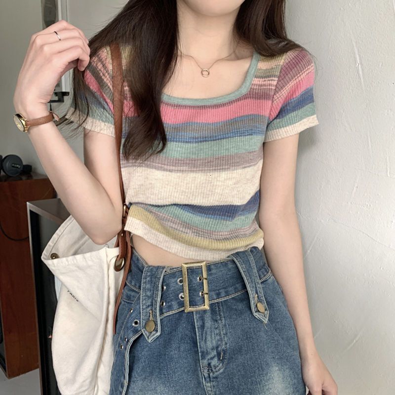 Summer New Women S T Shirt Rainbow Striped Square Neck Regular Shoulder Knit Short Sleeve For Thin Design Sense Pure Desire Sweet Spicy Top Ins Design