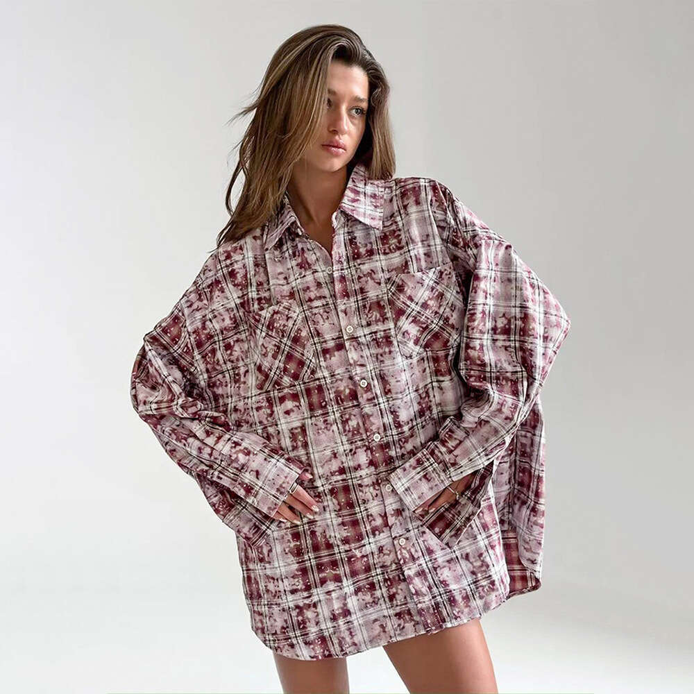 Long Sleeve Spring Summer New Style Outerwear Personality Street Vintage Plaid Shirt B5