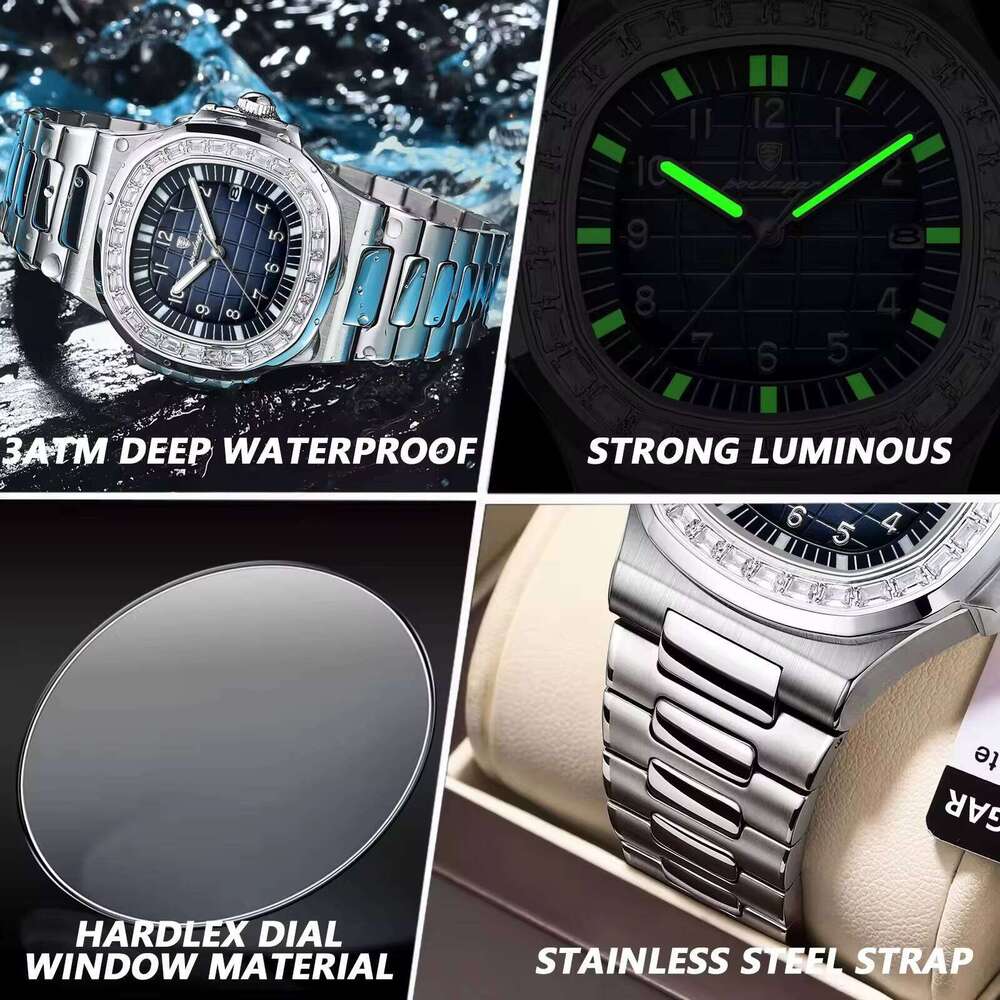 DHgargets Men's Luxury Square Watch - 50M Waterproof Stainless Steel Quartz Wristwatch with Date & Luminous (Model 925)