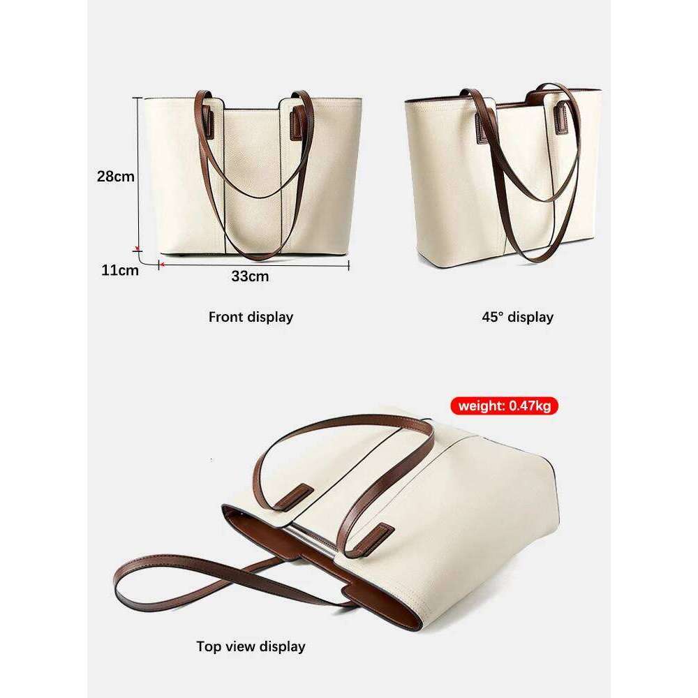 Zency Genuine Leather Women's Work Tote Handbag Classic Elegant Beige Large Capacity Shopper Bag Pocket Black Purse For A4