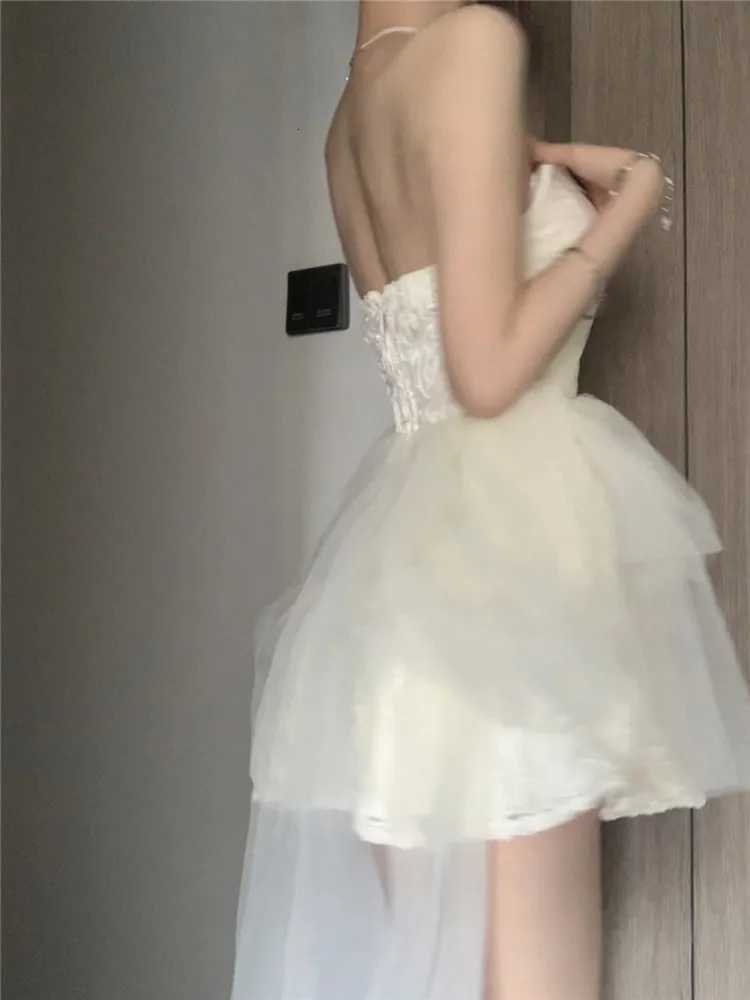 Korean Style White Party Dresses Women Mesh Lace Slash Neck Strapless Puffy Layered Mini Elegant Ladies Backless Dress R250716