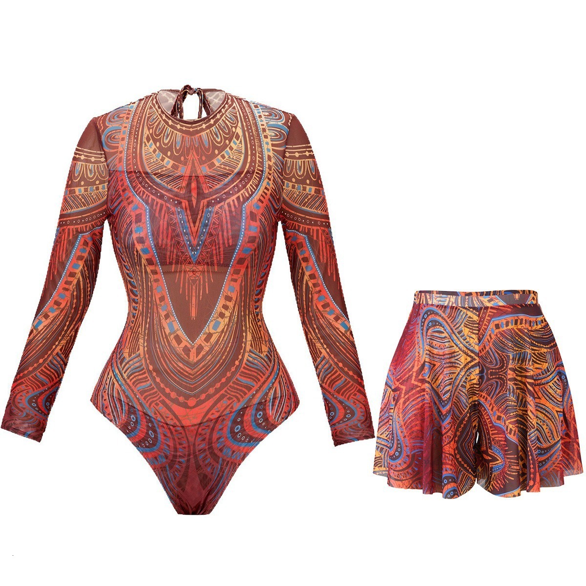 Print set Swimsuit Push Up Swimwear Women Vintage Retro Bathing Suits Bodysuit Beach Wear Backless Monokini 250109