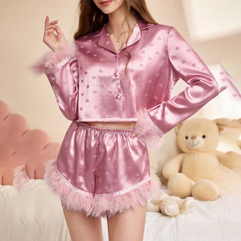 2025 New Women's Spring/Summer Silk Satin Heart Print Feather Patchwork Long Sleeve Short Pants Pajama Set