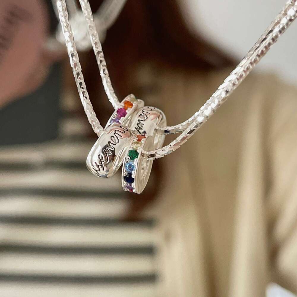 S Pure Sier Double Ring Letter Dia Passepartout Necklace Colorful Zircon Pendant Light High-end Clavicle Chain for Women