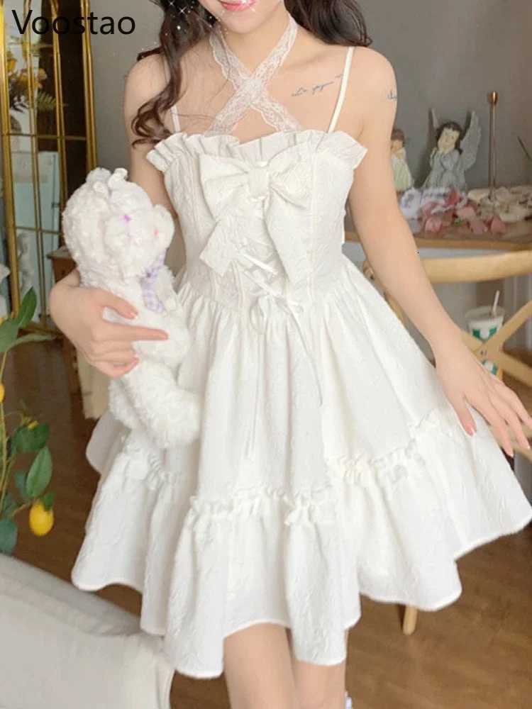 Summer White Strap Kawaii Lolita Dress Women Sexy Fairy Party Mini Dresses Casual Sweet Designer Bow Chic Korean Fashion Dress R250716