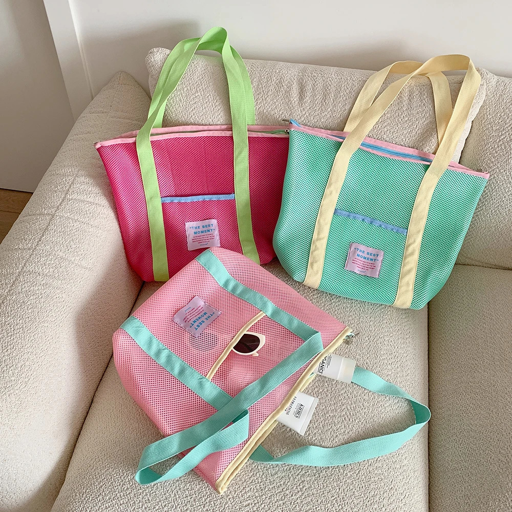 Summer Mesh Handbag for with Zipper Foldable Shoulder Bag for Students Travel Beach Tote Jelly Purse 250714