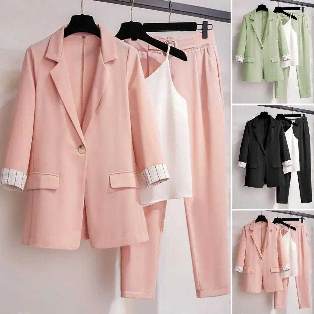 3 Pcs Set Formal Women Business Outfit Elastic Waist Loose Suit Pants Vest Set Turn down Collar Lady Business Outfit 250715