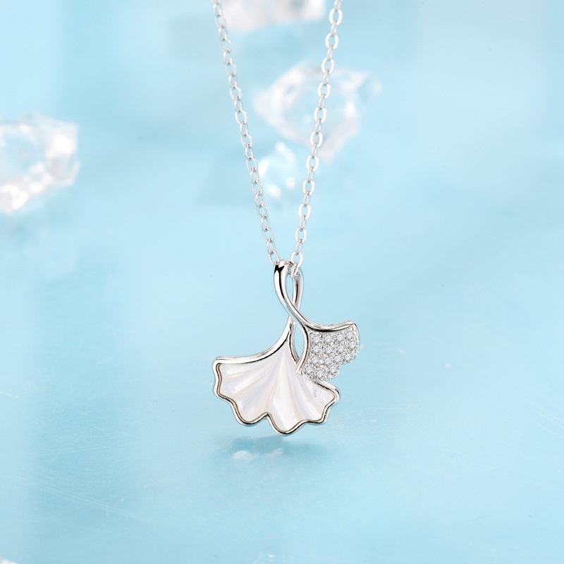 Elegant Ginkgo Leaf Necklace With White Mother - of - Pearl And Rhinestone - Encrusted Accents In Silver Tone Ideal For Daily And Special Occasions fa