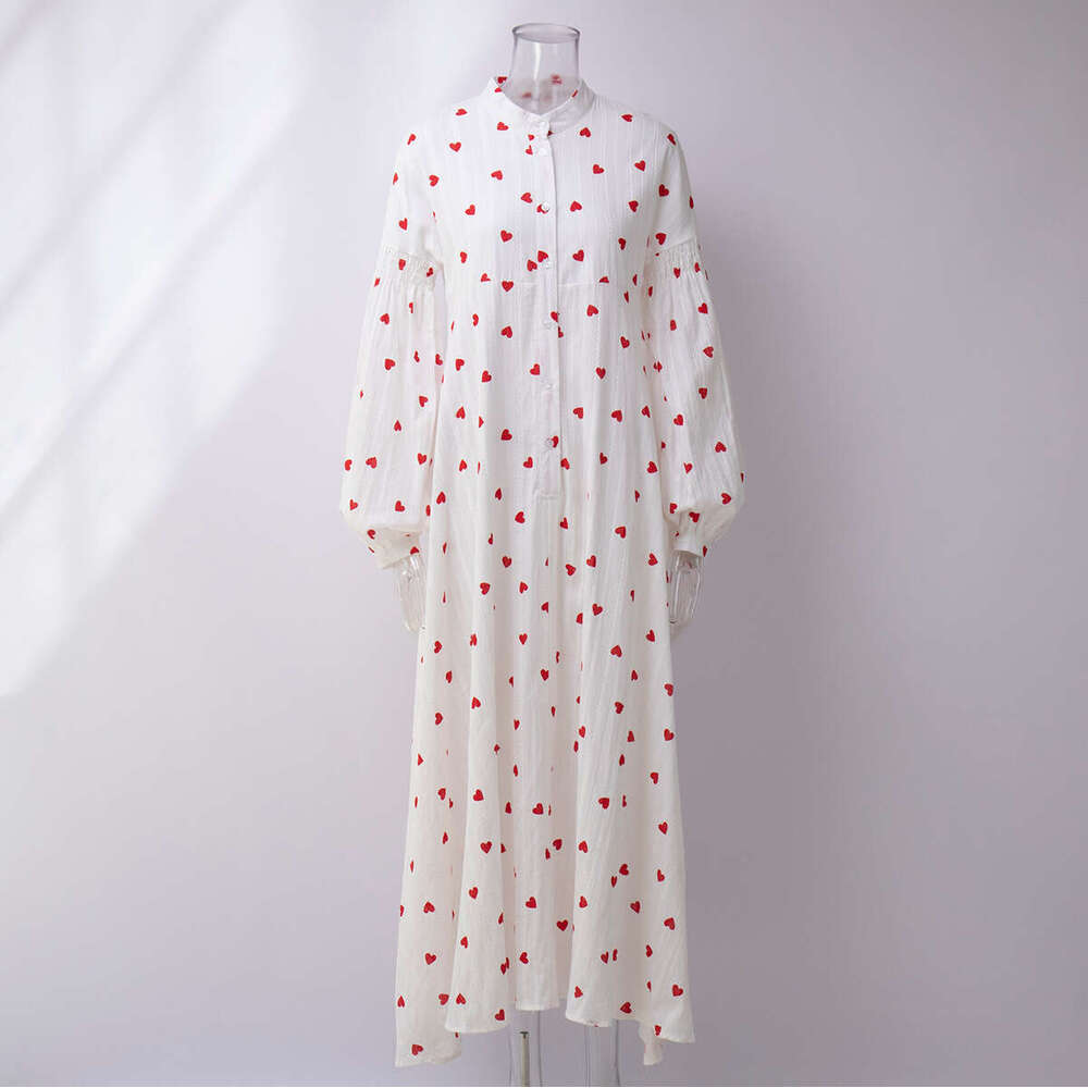 Heart Print For Women Spring Summer Patchwork Long Lantern Sleeve Pure Cotton Flared Dress B5