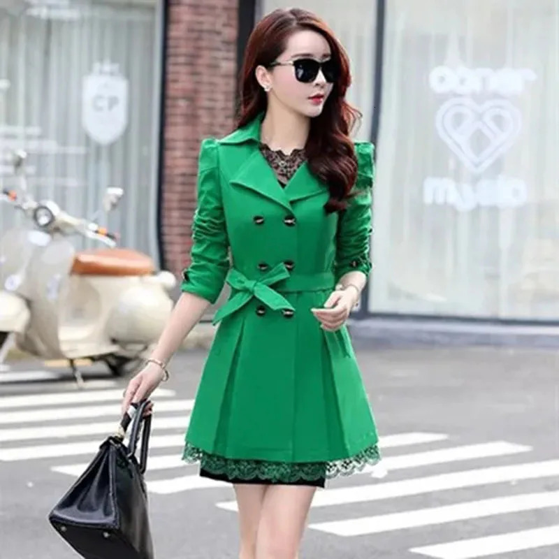 2025Spring Autumn Windbreaker Coat Women Fashion Slim Mid Long Lace Trench Coat Female Casual Double-breasted Outerwear Tops 250715
