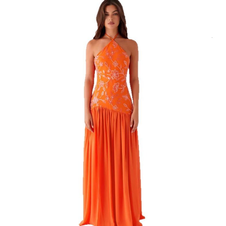 2025 New Cross-Border Women's Clothing Beaded Sequin Chiffon Patchwork Halter Neck Split Sexy Slim Dress