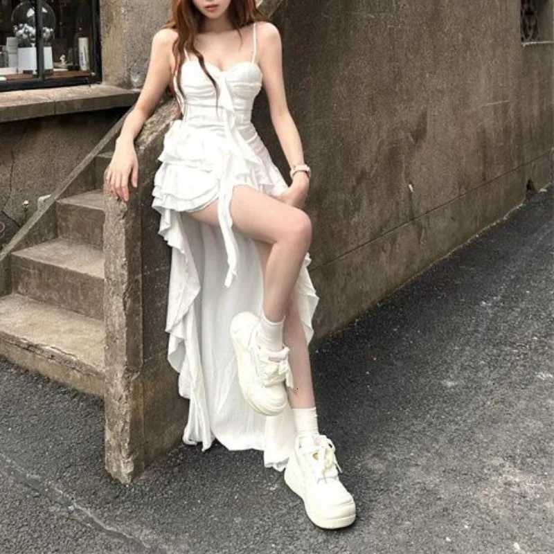 2025 Elegant Ruffle Hem High Low Dress Womens Sleeveless Spaghetti Strap White Gothic Vintage Fairycore Aesthetic Midi Dress R250716