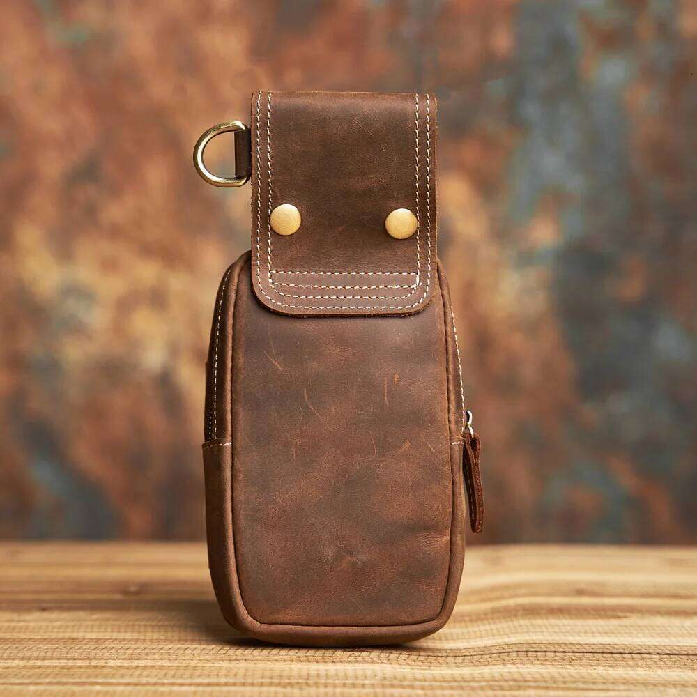 Genuine Leather Men's Multifunctional Mobile Phone Wearable Belt Waist Bag with Key Hanging Buckle