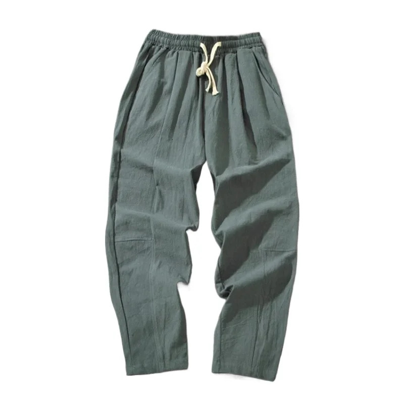 Summer Men Cotton Trousers Casual Solid Color Long Pants Breathable Drawstring Straight Streetwear Harem Pants Men Baggy Pants 250715