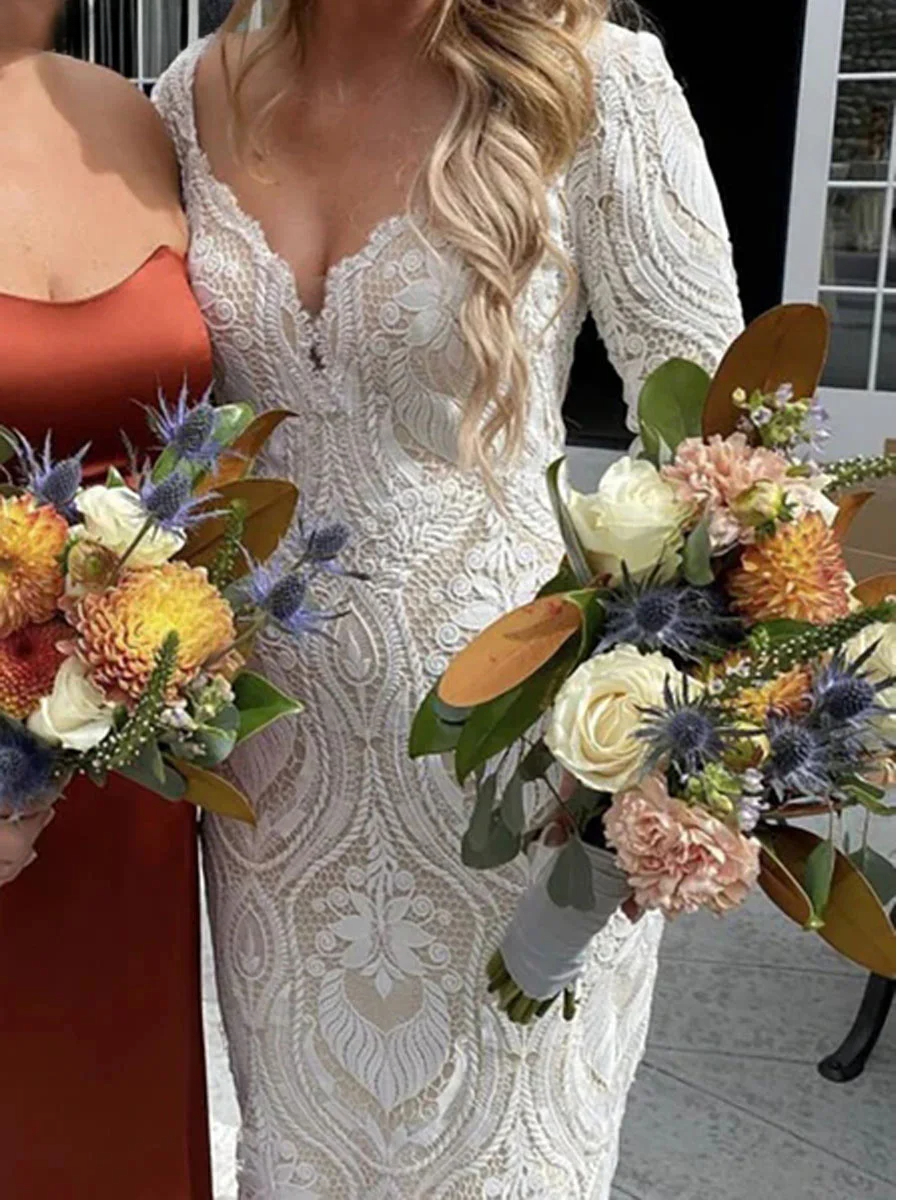 Boho Full Lace Wedding Dresses Sexy Appliques Sheath Long Sleeve Backless V Neck A Line Bridal Gown Sweep Train Custom Made Color/Size
