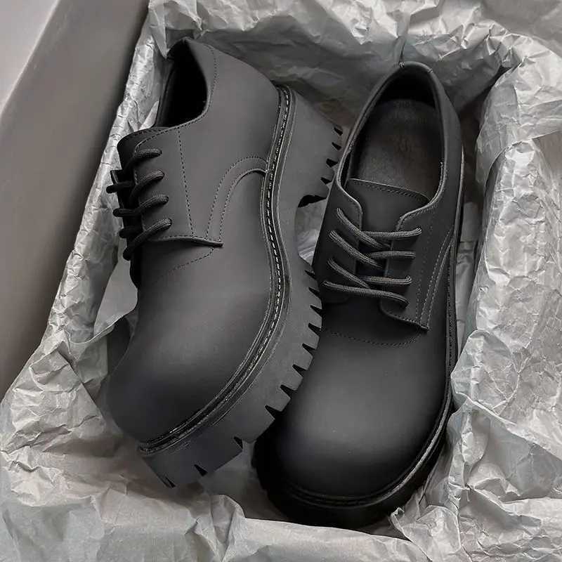 Mens Leather Shoes Black Thick Sole Round Toe Platform Mens Casual Derby Shoe Cowhide Classic Original Legitimate Designer Pu W250716
