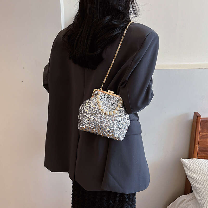 2025 New Fashion Sequin Shoulder for Women, Small Chanel Style Pearl Handbag, Crossbody Chain Shell Bag