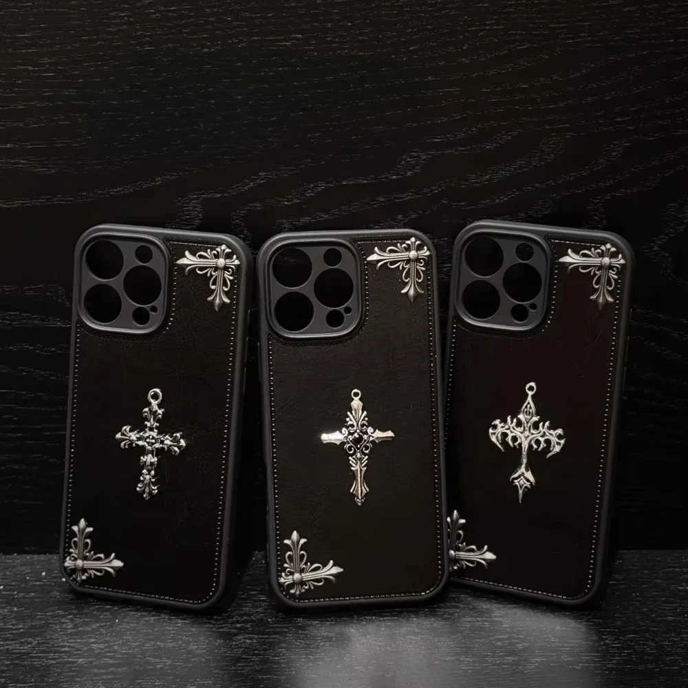 For iPhone 16 15 14 13 12 11 Pro Max Luxury Gothic High Grade Leather Phone Case Fashion Trends 3D Metal Cross Protection Cover M250716