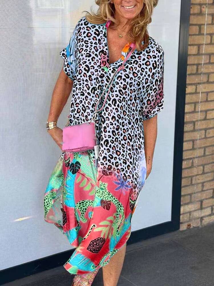 Summer New Womens V-neck Printed Loose Dress Fashion Elegant Holiday Casual Dresses Female Beach Party Vestidos dongdumaoyi