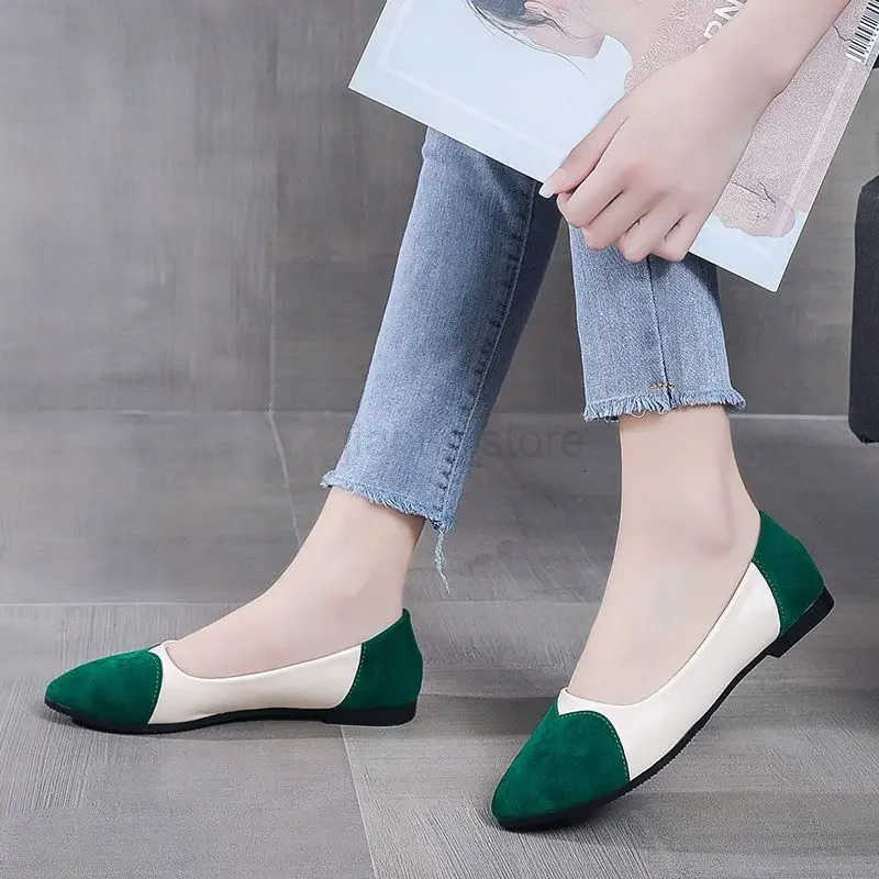 Ladies Footwear Green Womens Flat Shoes Round Toe Leather Casual Slip-on Y2k Young Chic and Elegant Vacation Promotion Social M250716