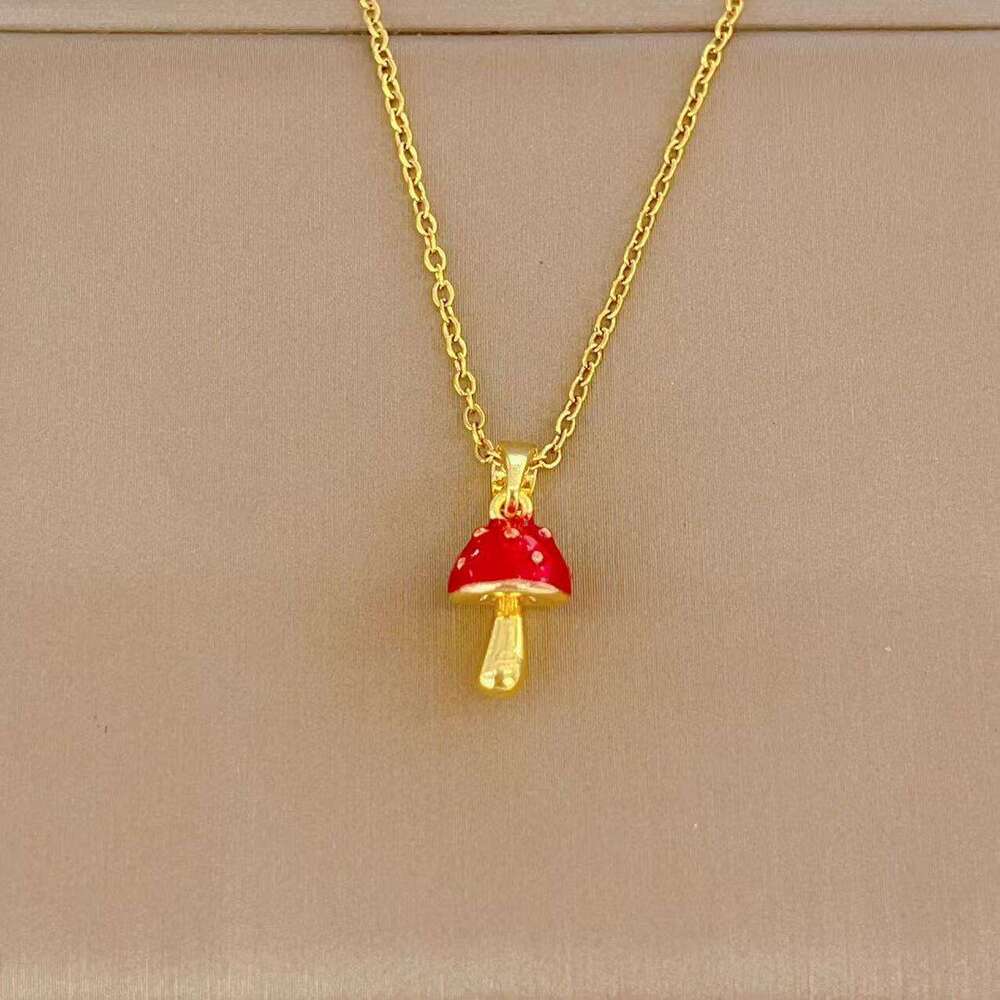 Light Red Oil Drop Mushroom Necklace For Women, Unique Design, Elegant And Versatile Collarbone Chain 808