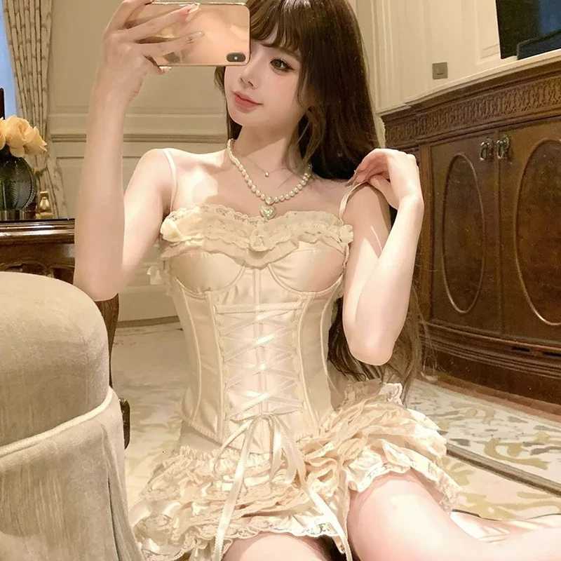 Mekst Y2K 2 Piece Sets Women Outfit Sexy Crop Lace Bandage Tank Tops + Ruffles Ball Gown Mini Skirt Summer Gyaru Design Clothes R250716