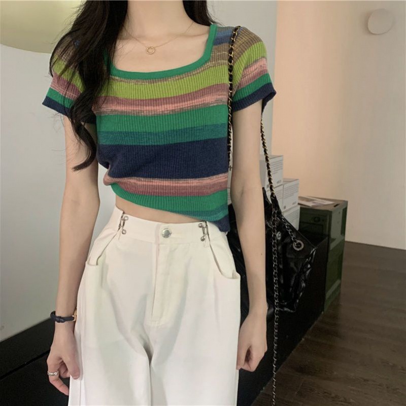 Summer New Women S T Shirt Rainbow Striped Square Neck Regular Shoulder Knit Short Sleeve For Thin Design Sense Pure Desire Sweet Spicy Top Ins Design