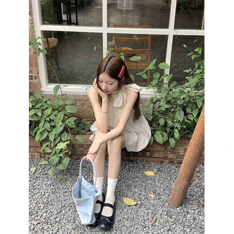 MEXZT Sweet Dot Shirts Women Elegant Bow Bandage Blouses Vintage Halter Print Tops Summer Korean Sleeveless Casual Clothes New R250716