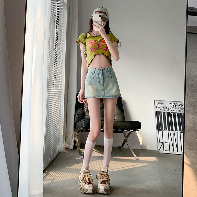 2025 Light-colored Bodycon Short Skirt Denim Half Women High Waist Slimming A-line Summer 2023 Hot Girl Anti-exposure
