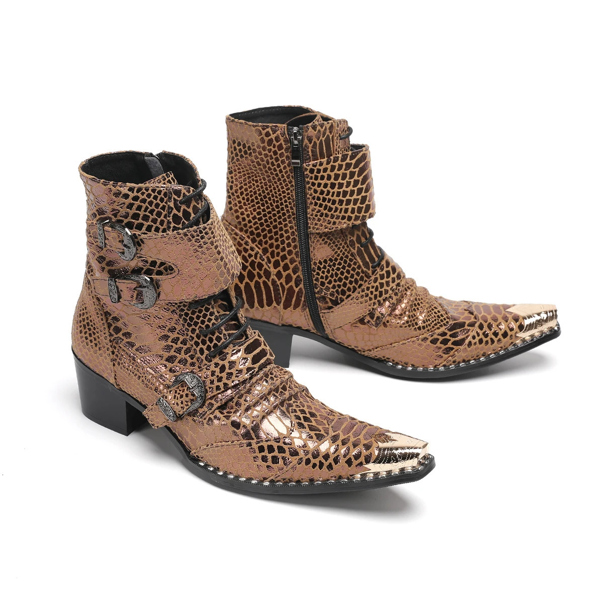 British Snake Print Pointed Toe Genuine Leather Motorcycle Ankle Boots Male Party Shoes Large Size Lace Up Cowboy Short Boots 250715