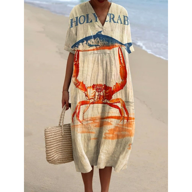 2025 New Plus Size Women's Shirt Pocket Short Sleeve Dress Creative Fish Pattern Vacation Style