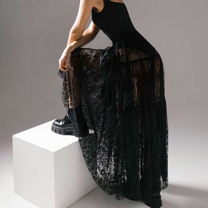 Black Lace Long Summer New Sexy Sheer Niche Elegant Skirt B5