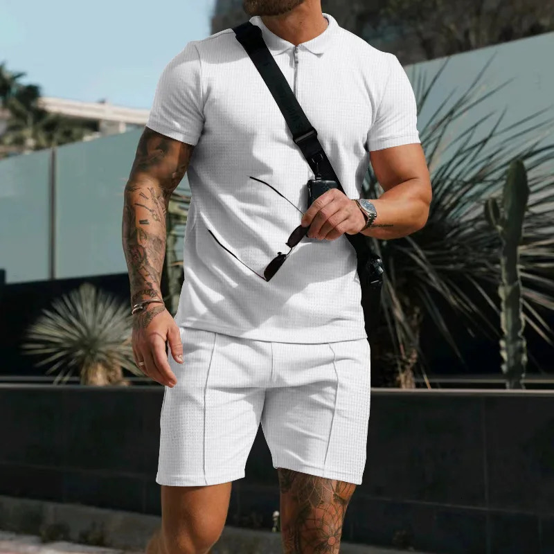 Summer Mens Suit Fashion Printing Lapel Zipper 2 Piece Set Short-sleeved T-shirt and Shorts Sportswear Beach Suit 250715