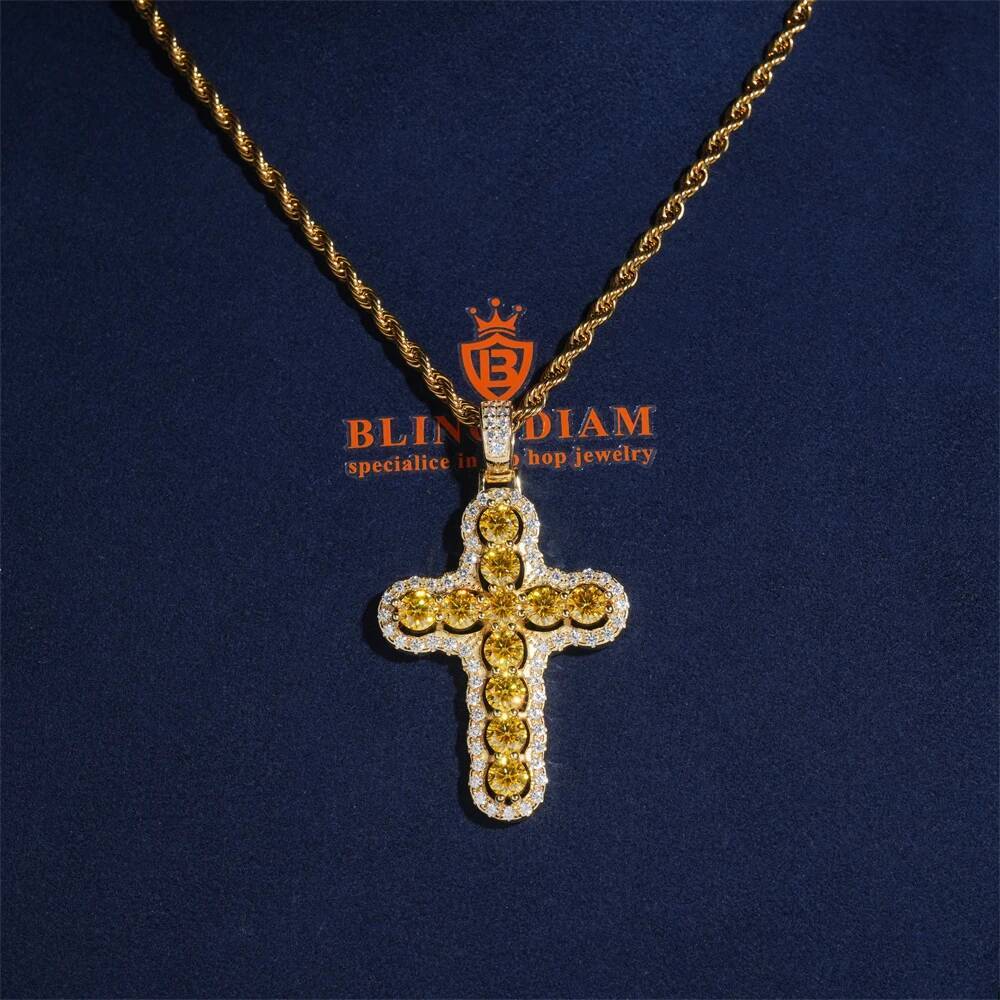 Colorful Moissanite Cross Pendant 925 Silver GRA certification Suitable for 3mm Tennis Chain