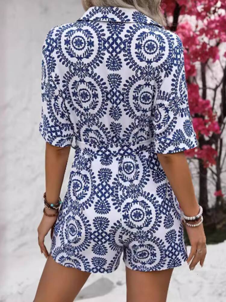 V-neck Button Lace Up Short Sleeved Floral Print Womens Street Fashion Elegant Fresh Style Summer Dress dongdumaoyi
