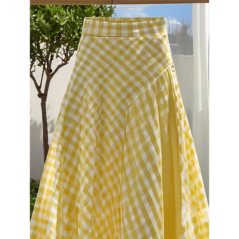 2025 Dopamine Yellow Waist-Cinching Plaid Design Long Skirt for Women New Fashion Trendy Summer Style