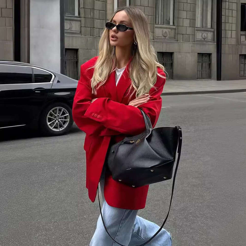 Summer New Style Elegant Padded Shoulder Loose Turn-Down Collar Pocket Red Blazer Jacket B5