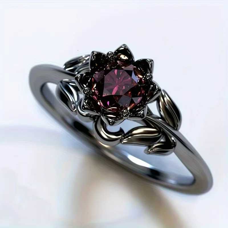 Charm Black Color Flower Round Rings for Women Red Stone Rings Jewelry Party Gift S250716