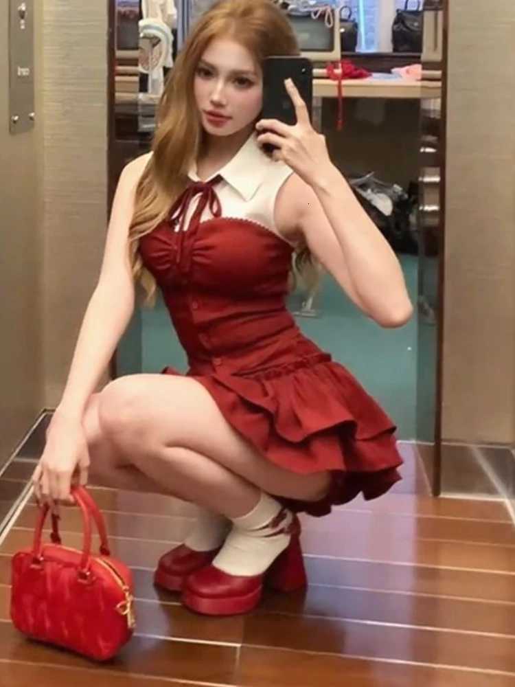 2025 New Spring Kawaii Set Women Red Flared Skirt Set Bow Collar Sexy Chic Stylish Fashion Set Ideal for Party Casual Daily Wear R250716